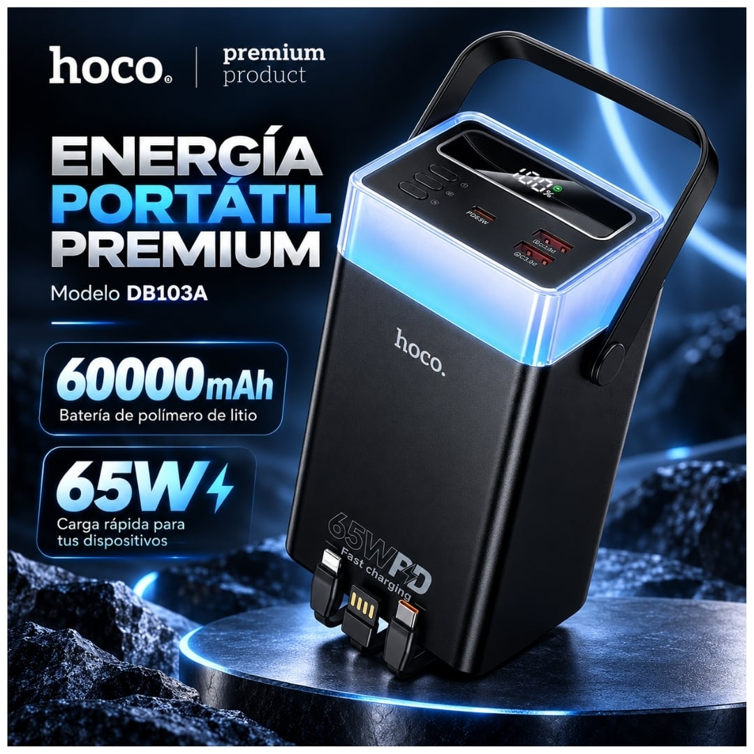 POWER BANK HOCO 60000MAH CARGA RAPIDA 65W PARA LAPTOP CELULARES BANCO DE ENERGÍA CAMPING LINTERNA - 2