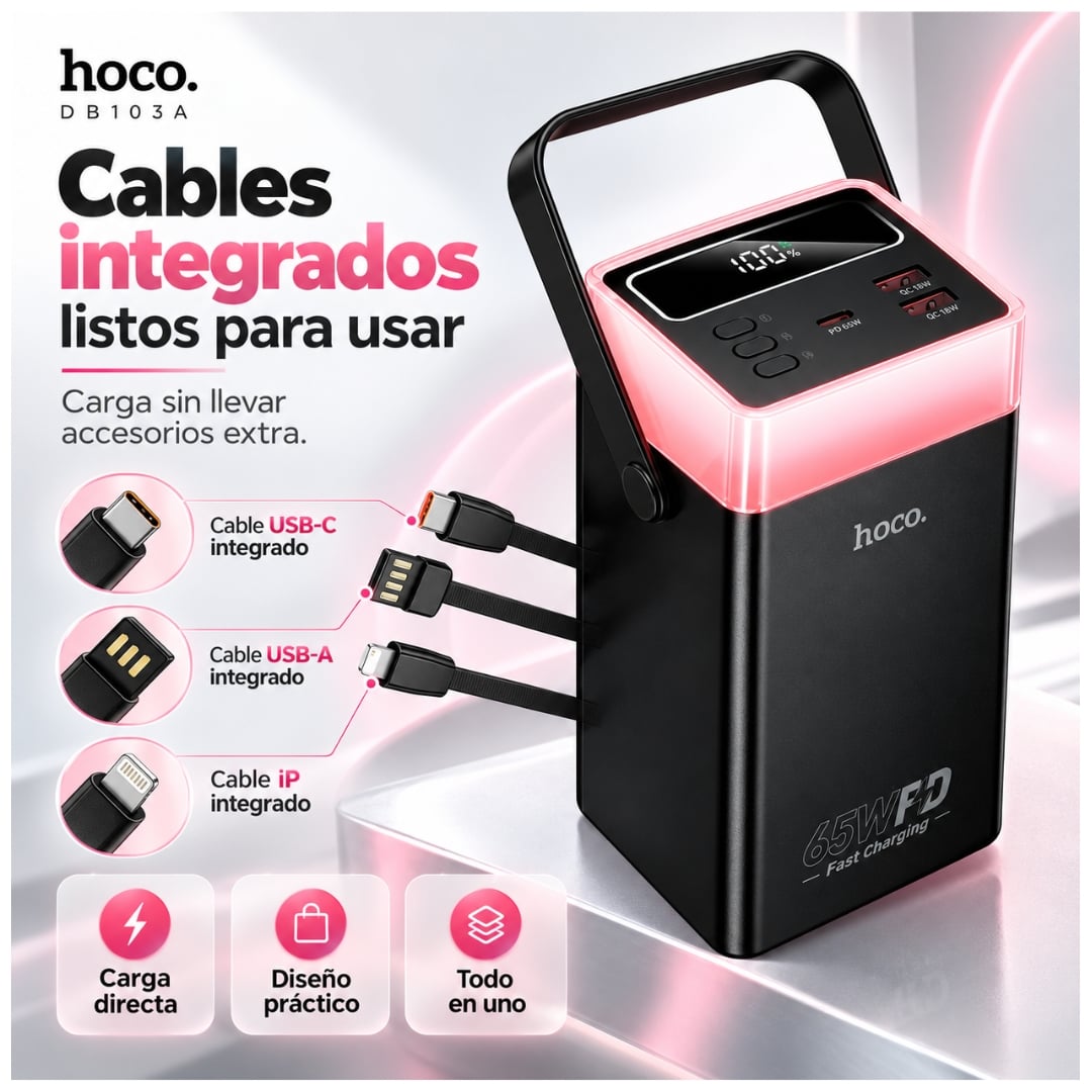 POWER BANK HOCO 60000MAH CARGA RAPIDA 65W PARA LAPTOP CELULARES BANCO DE ENERGÍA CAMPING LINTERNA - 4