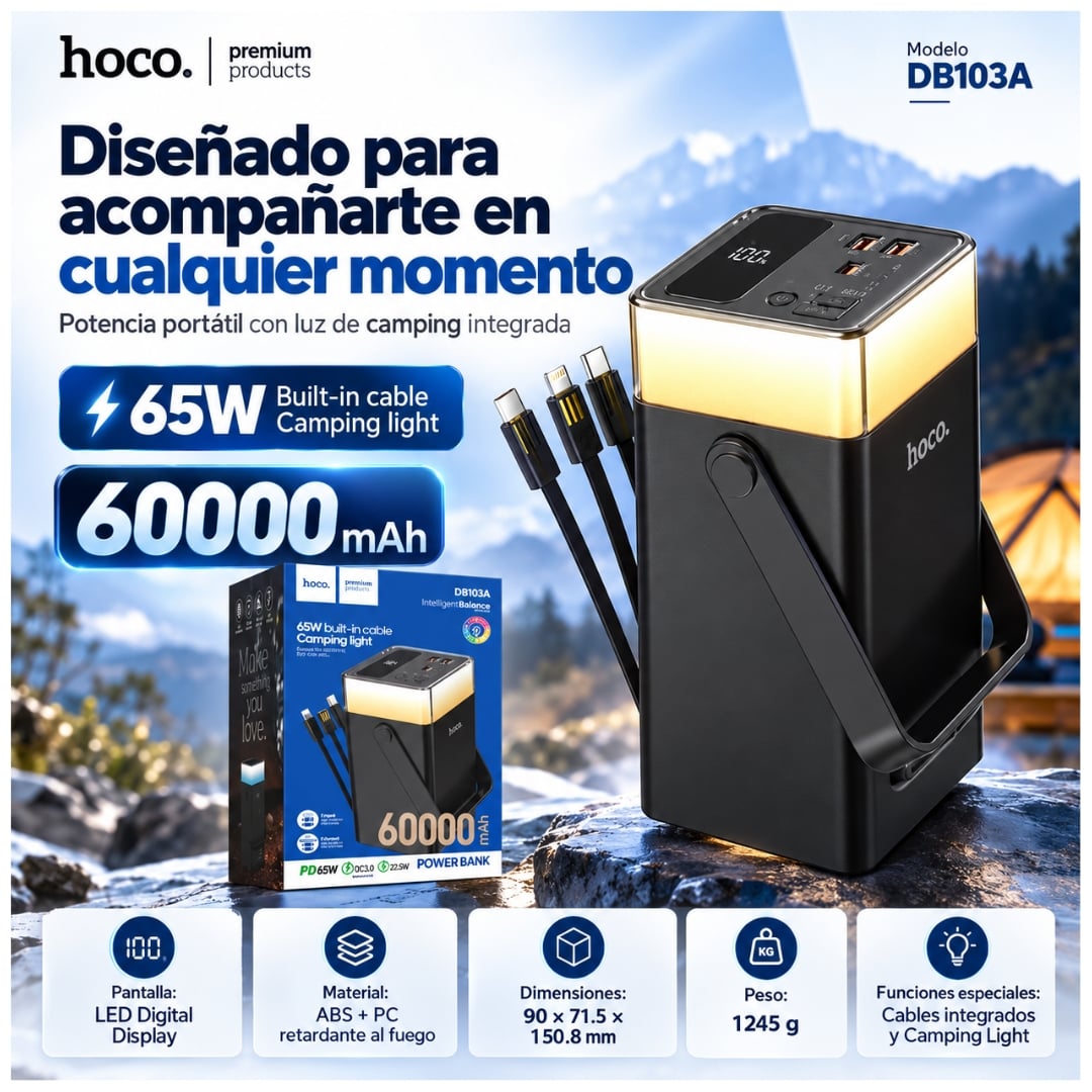 POWER BANK HOCO 60000MAH CARGA RAPIDA 65W PARA LAPTOP CELULARES BANCO DE ENERGÍA CAMPING LINTERNA - 5