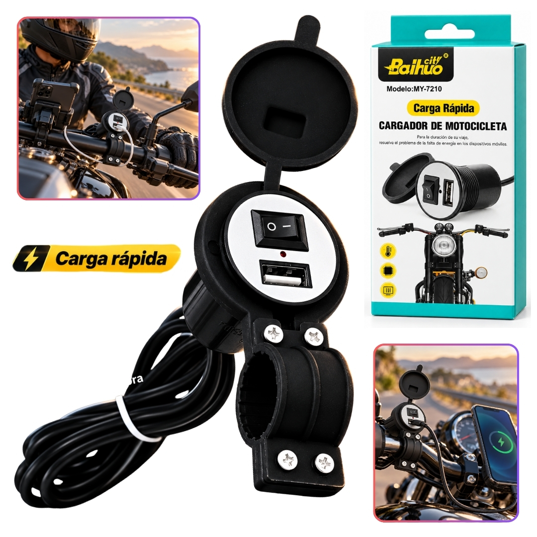 CARGADOR USB MOTO MOTOCICLETA SOPORTE IMPERMEABLE TELEFONO - 1
