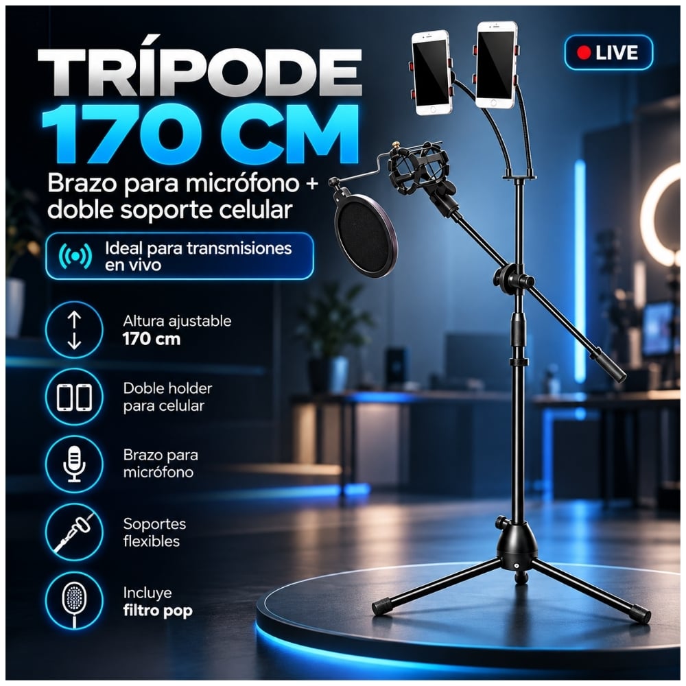 TRIPODE 170CM BRAZO PARA MICROFONO DOBLE SOPORTE HOLDER CELULAR FLEXIBLE TRANSMISIONES EN VIVO LIVE - 2