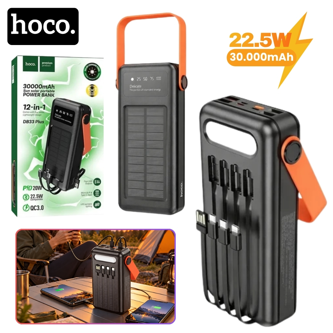 POWER BANK HOCO 30000MAH CARGA SOLAR CARGA RAPIDA 22.5W CON LINTERNA PANTALLA - 1