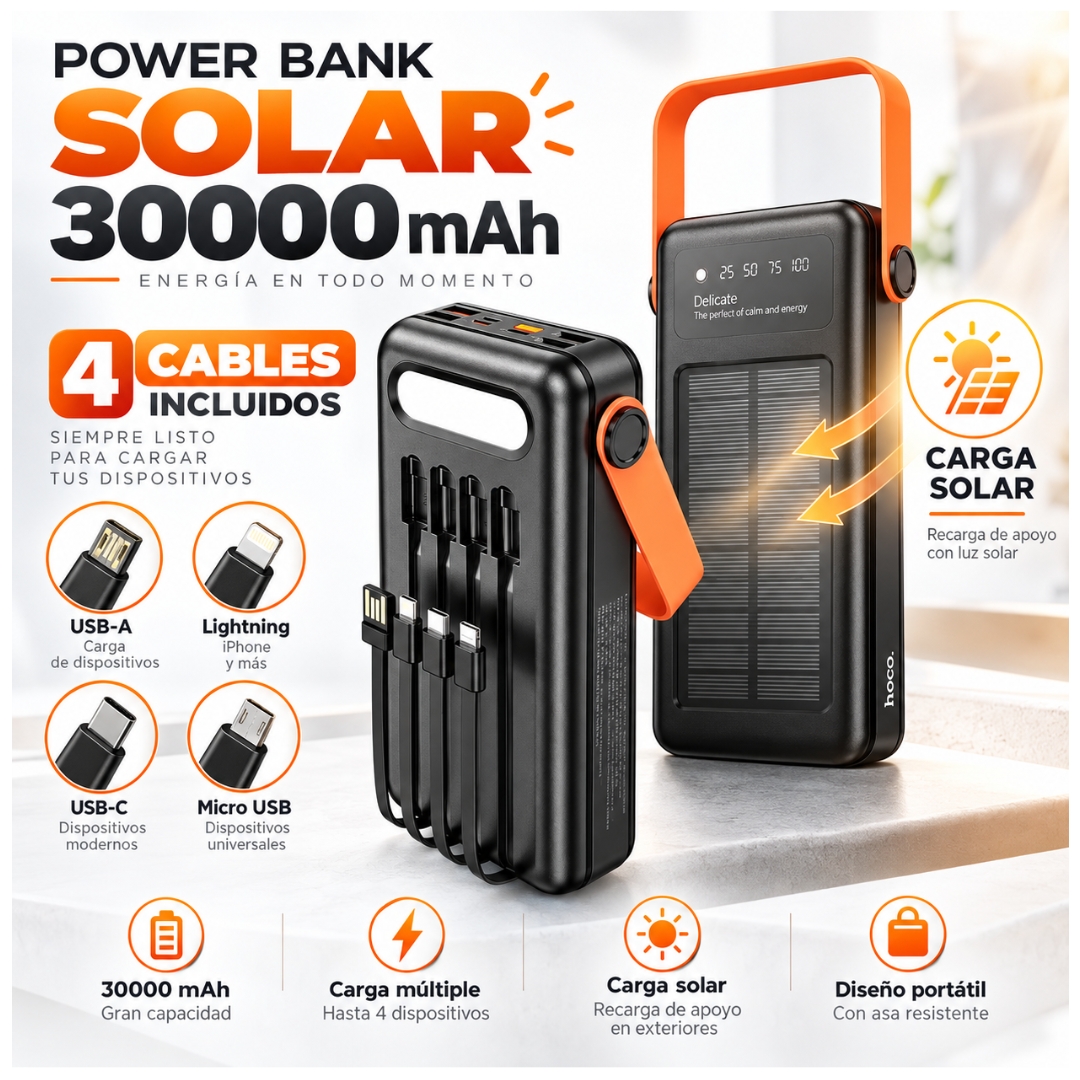 POWER BANK HOCO 30000MAH CARGA SOLAR CARGA RAPIDA 22.5W CON LINTERNA PANTALLA - 6