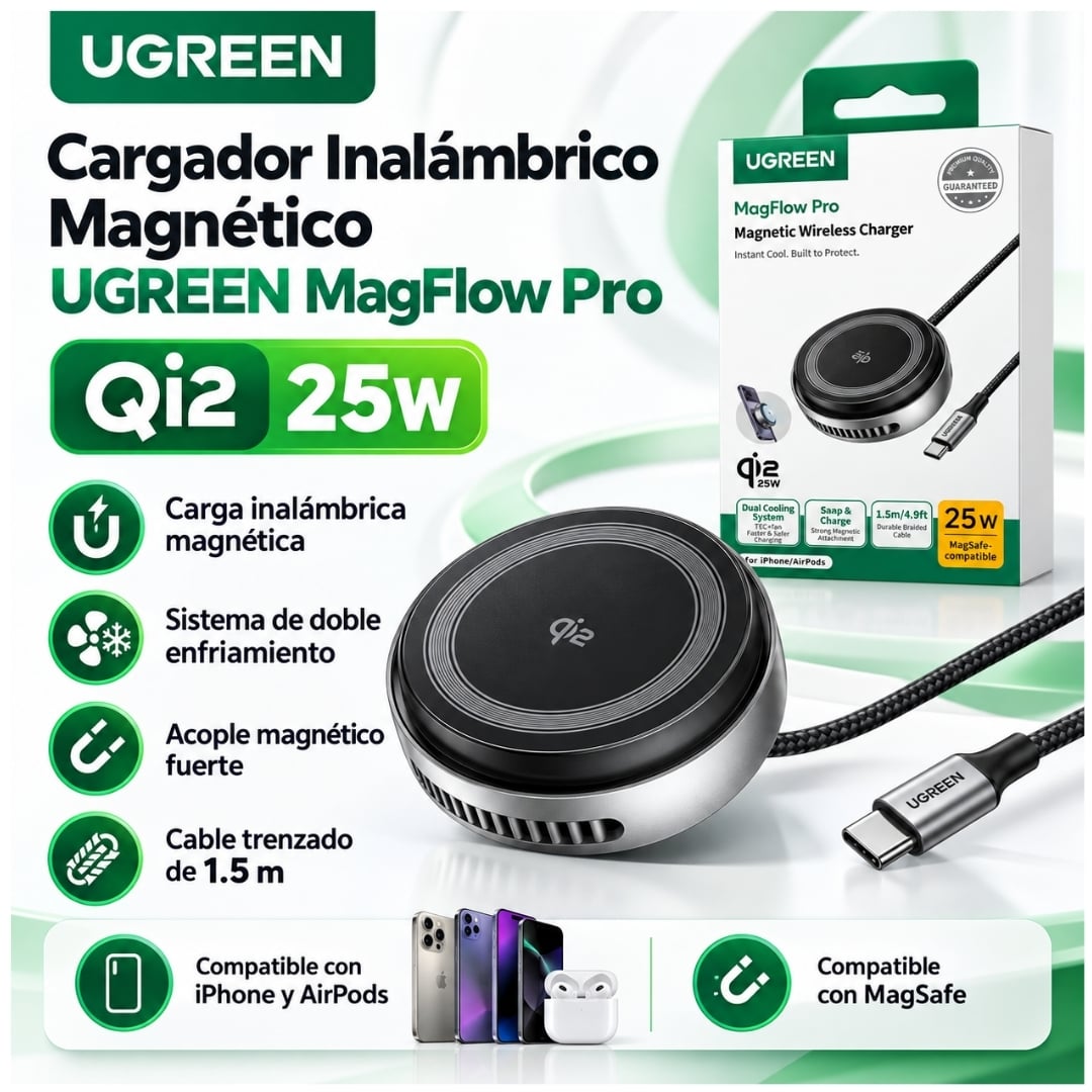 CARGADOR INALÁMBRICO UGREEN MAGSAFE QI2 25W CARGA RAPIDA IPHONE WATCH AIRPODS W773-75247 - 2