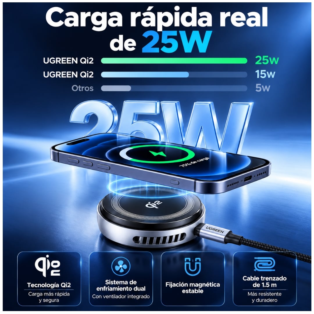 CARGADOR INALÁMBRICO UGREEN MAGSAFE QI2 25W CARGA RAPIDA IPHONE WATCH AIRPODS W773-75247 - 3