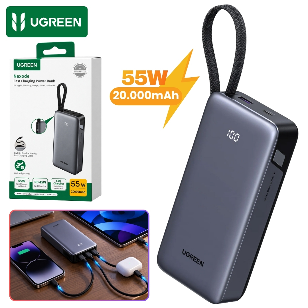 POWER BANK UGREEN 20000MAH CARGA RAPIDA 55W BATERÍA PORTÁTIL CON CABLE INTEGRADO PARA LAPTOP Y CELULAR - 1