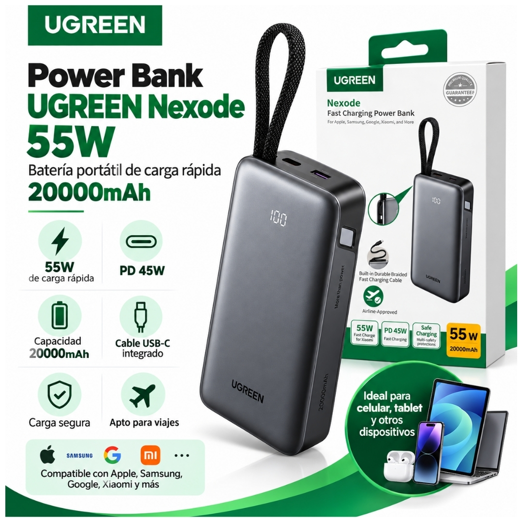 POWER BANK UGREEN 20000MAH CARGA RAPIDA 55W BATERÍA PORTÁTIL CON CABLE INTEGRADO PARA LAPTOP Y CELULAR - 2