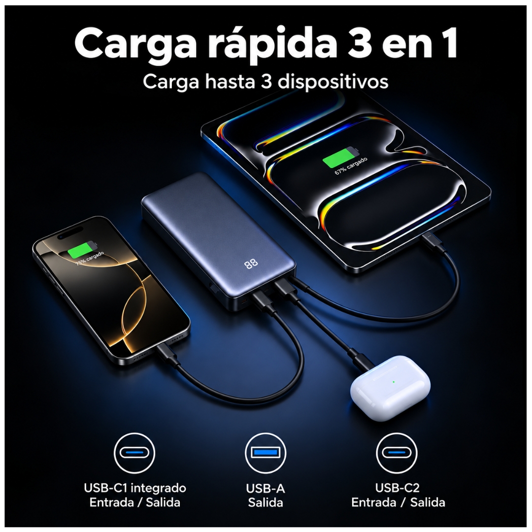 POWER BANK UGREEN 20000MAH CARGA RAPIDA 55W BATERÍA PORTÁTIL CON CABLE INTEGRADO PARA LAPTOP Y CELULAR - 3