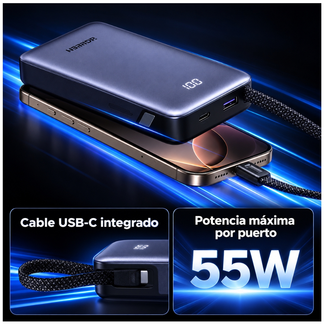 POWER BANK UGREEN 20000MAH CARGA RAPIDA 55W BATERÍA PORTÁTIL CON CABLE INTEGRADO PARA LAPTOP Y CELULAR - 4
