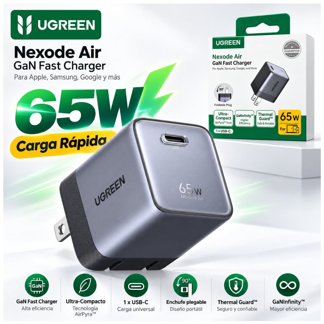 CARGADOR UGREEN NEXODE 65W AIR GAN TIPO C  CARGA RAPIDA PARA MACBOOK LAPTOP CELULARES IPHONE SAMSUNG - 2