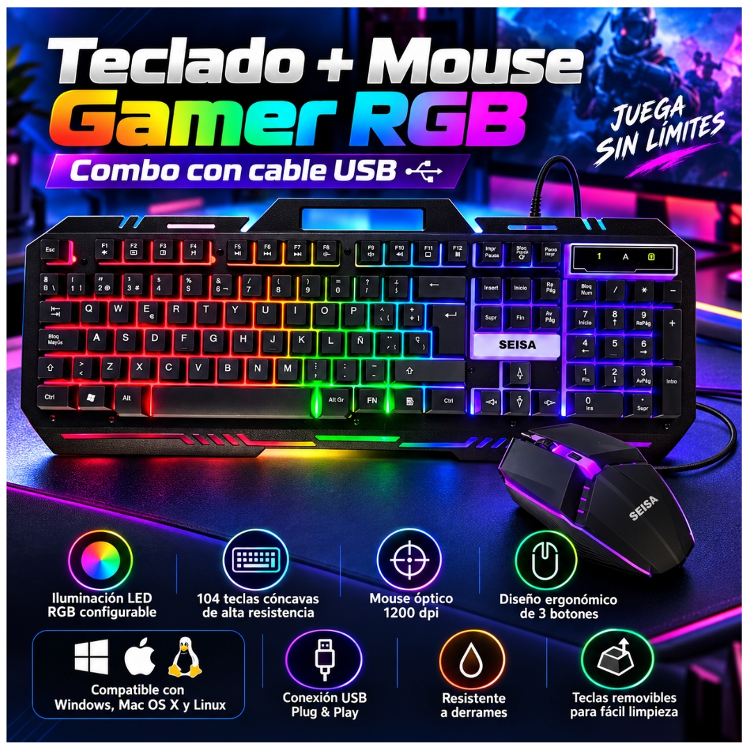 KIT TECLADO MOUSE SEISA GAMER RETROILUMINADO RGB CON CABLE USB - 2