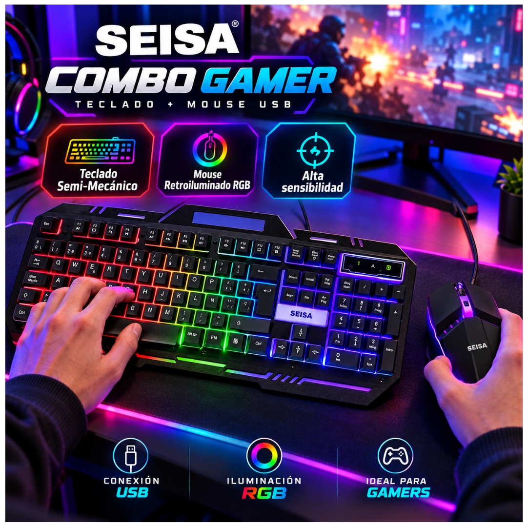 KIT TECLADO MOUSE SEISA GAMER RETROILUMINADO RGB CON CABLE USB - 3