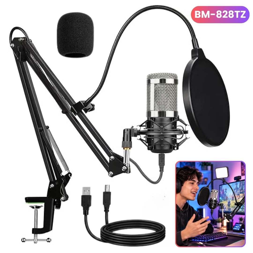 KIT MICRÓFONO CONDENSADOR PROFESIONAL CON SOPORTE Y ANTIPOP PARA STREAMING PC - 2