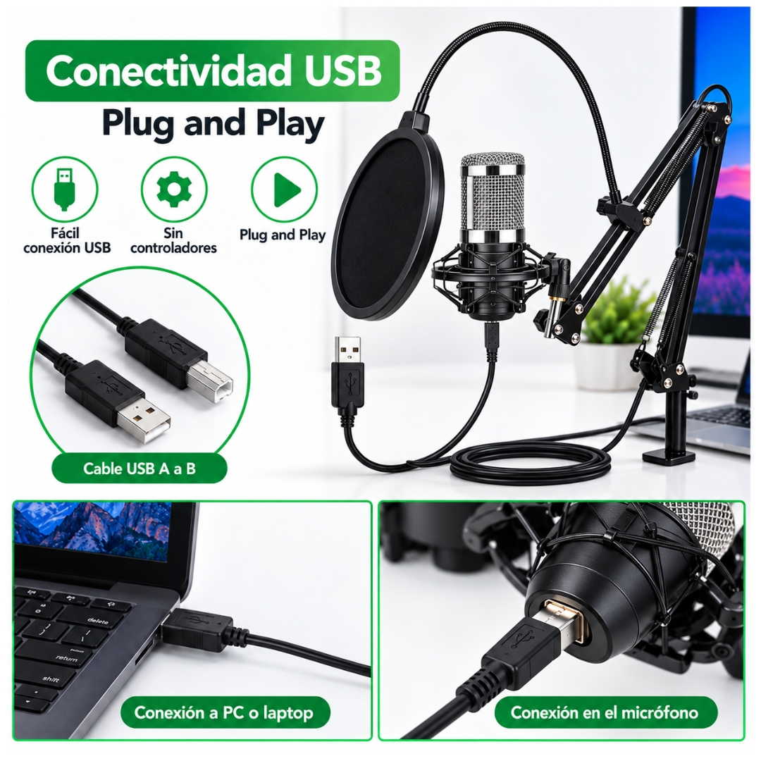KIT MICRÓFONO CONDENSADOR PROFESIONAL CON SOPORTE Y ANTIPOP PARA STREAMING PC - 3