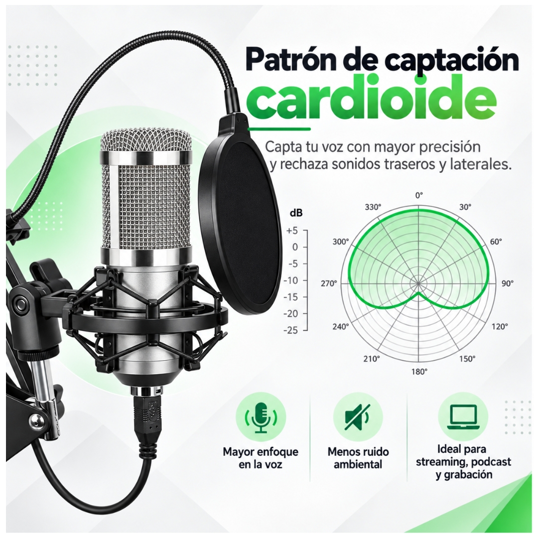 KIT MICRÓFONO CONDENSADOR PROFESIONAL CON SOPORTE Y ANTIPOP PARA STREAMING PC - 6