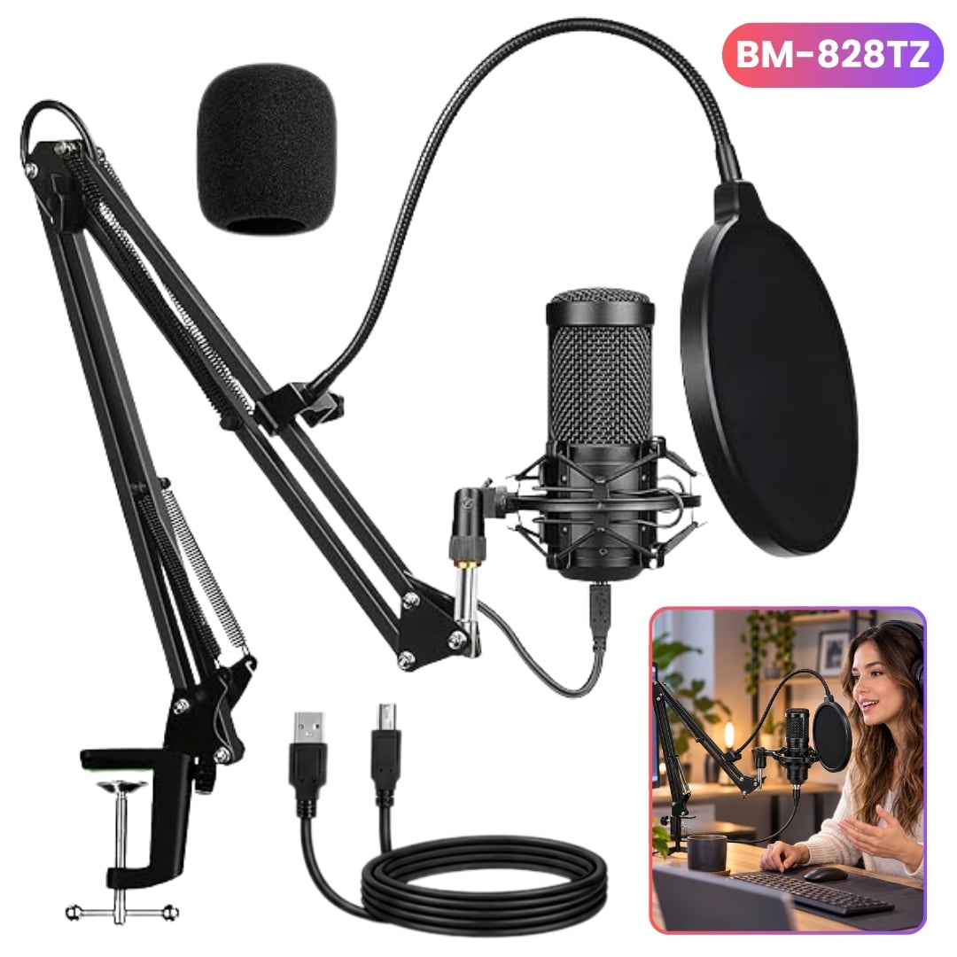 KIT MICRÓFONO CONDENSADOR PROFESIONAL CON SOPORTE Y ANTIPOP PARA STREAMING PC BM-828TZ - 1