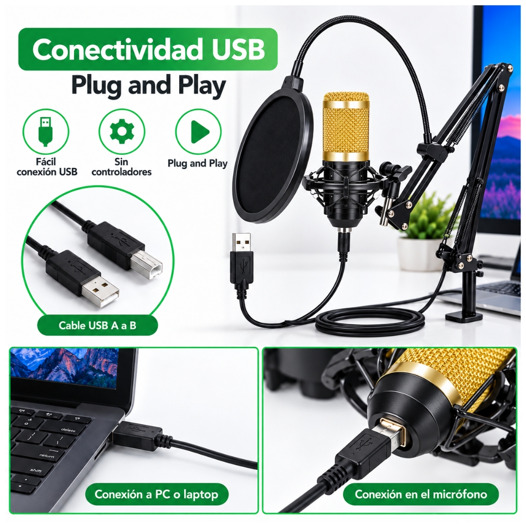 KIT MICRÓFONO CONDENSADOR PROFESIONAL CON SOPORTE Y ANTIPOP PARA STREAMING PC - 3