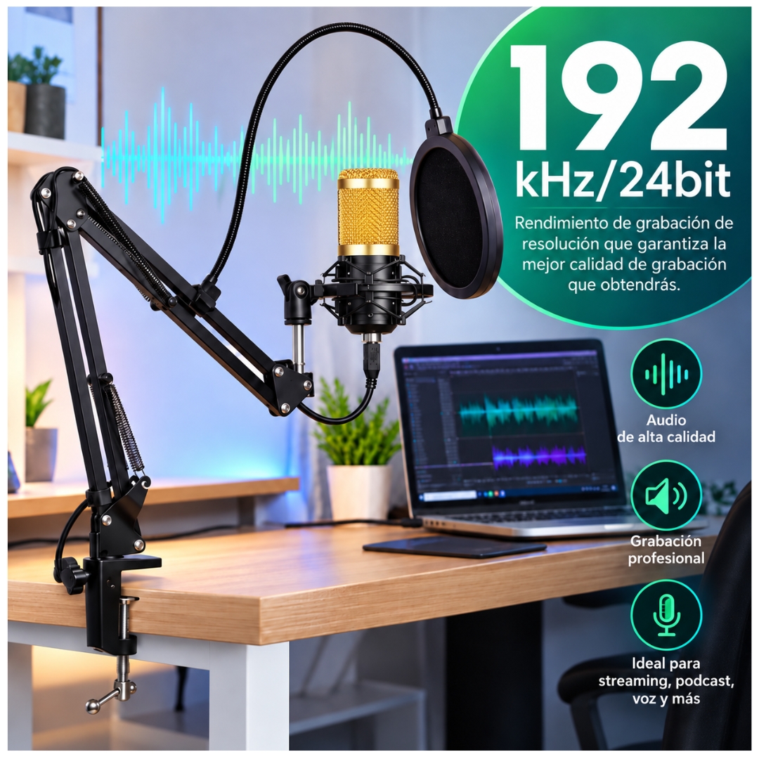 KIT MICRÓFONO CONDENSADOR PROFESIONAL CON SOPORTE Y ANTIPOP PARA STREAMING PC - 4