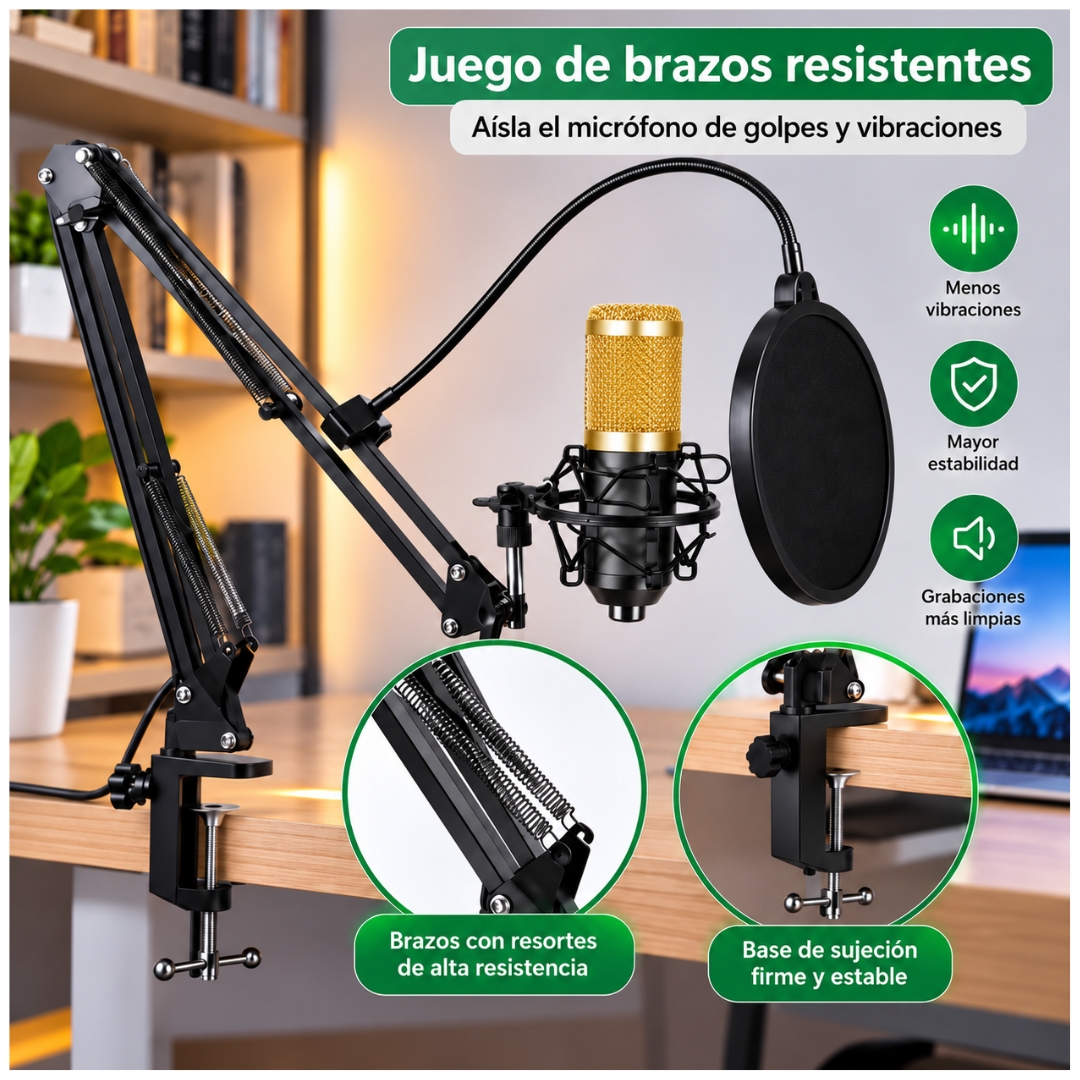 KIT MICRÓFONO CONDENSADOR PROFESIONAL CON SOPORTE Y ANTIPOP PARA STREAMING PC - 5