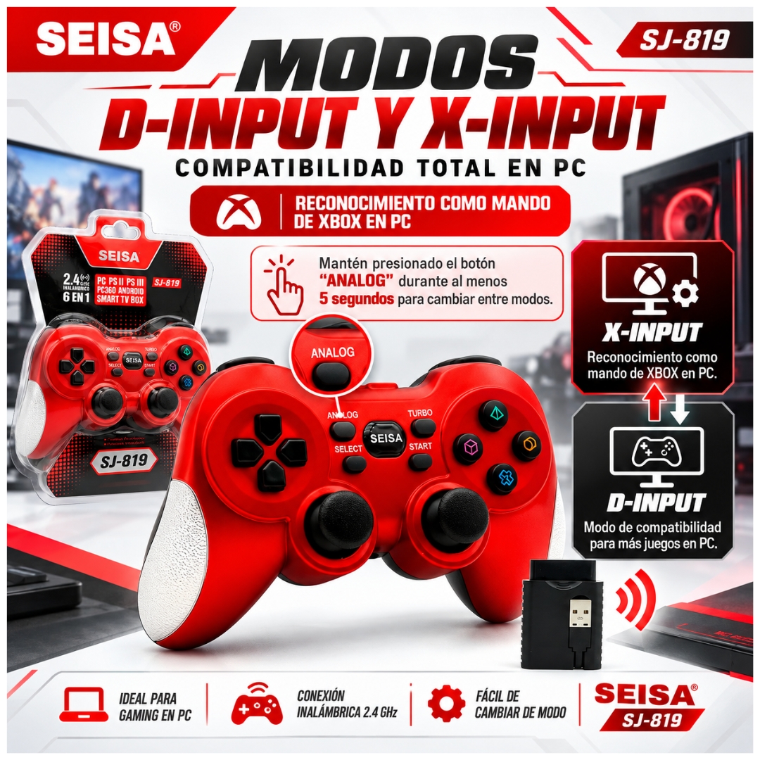 JOYSTICK INALÁMBRICO RECARGABLE GAMEPAD 6 EN 1 PARA PC PS2 PS3 SJ-819 - 3