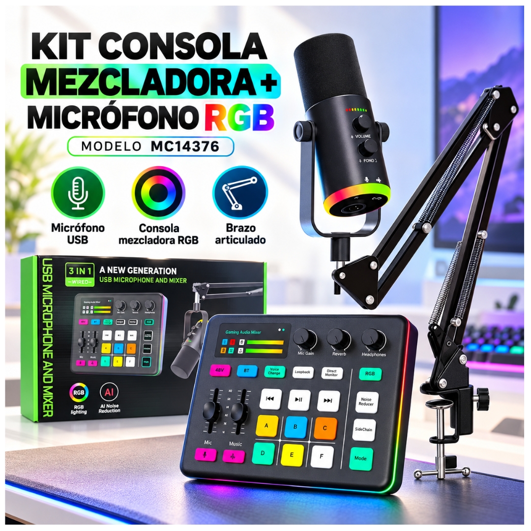 CONSOLA MEZCLADORA INTERFAZ DE AUDIO CON MICRÓFONO RGB ESTUDIO DE GRABACIÓN PODCAST, STREAMING, GUITARRA, GRABACIÓN Y GAMER - 2