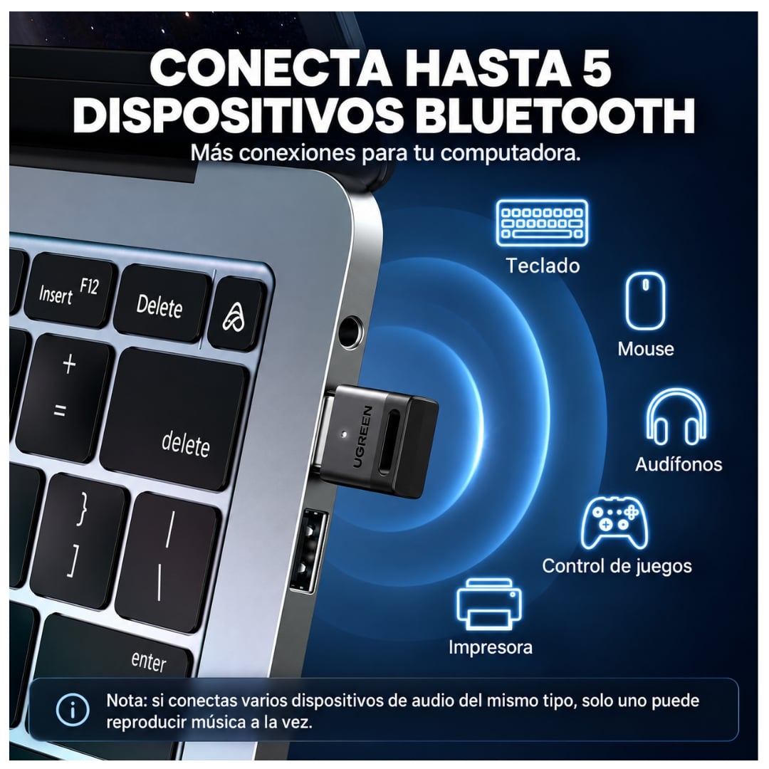 ADAPTADOR BLUETOOTH UGREEN TRASMISOR BLUETOOTH 5.3 PARA PARLANTE DE PC,MOUSE TECLADO, RECEPTOR DE AUDIO Y MÚSICA - 3