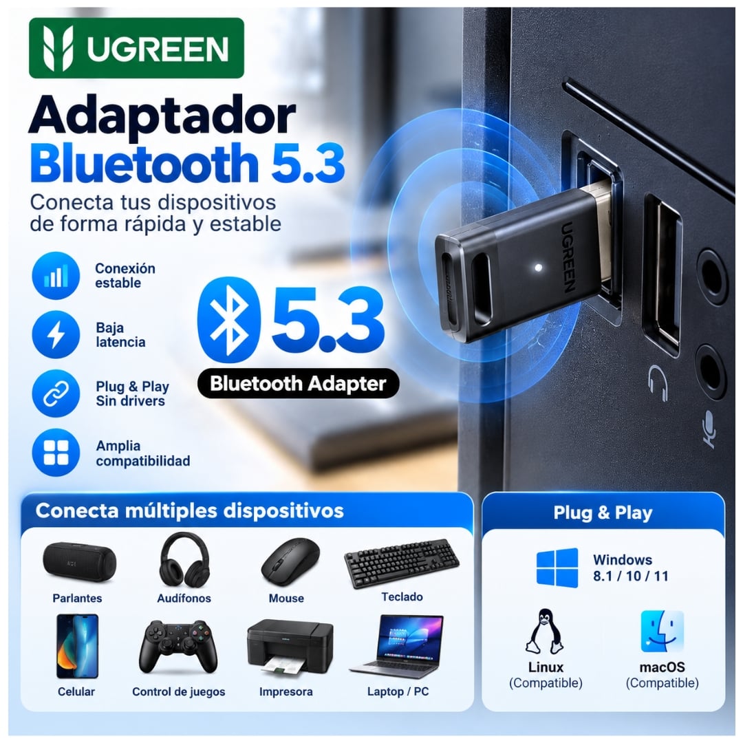 ADAPTADOR BLUETOOTH UGREEN TRASMISOR BLUETOOTH 5.3 PARA PARLANTE DE PC,MOUSE TECLADO, RECEPTOR DE AUDIO Y MÚSICA - 4