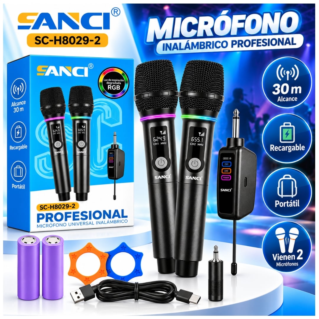 MICROFONO INALAMBRICO RECARGABLE SANCI SC-H8029-2 DUAL UHF PARA KARAOKE, PARLANTES, EVENTOS - 2