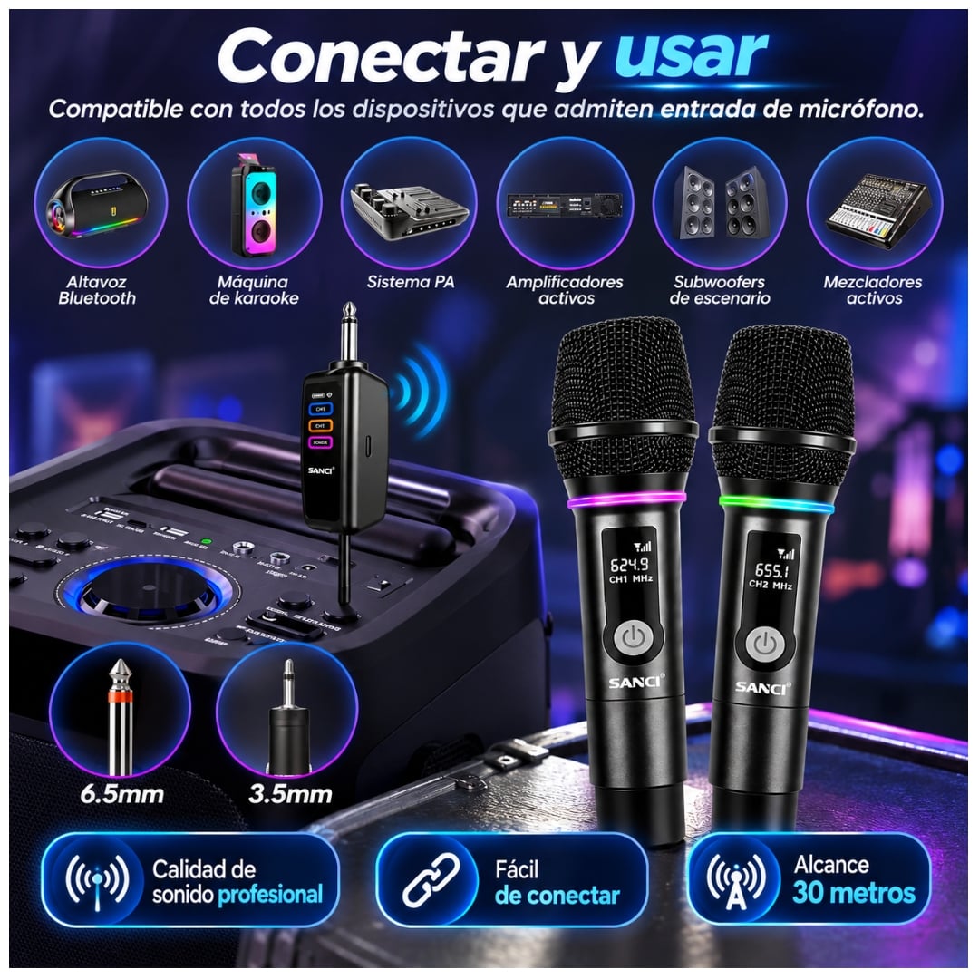 MICROFONO INALAMBRICO RECARGABLE SANCI SC-H8029-2 DUAL UHF PARA KARAOKE, PARLANTES, EVENTOS - 4
