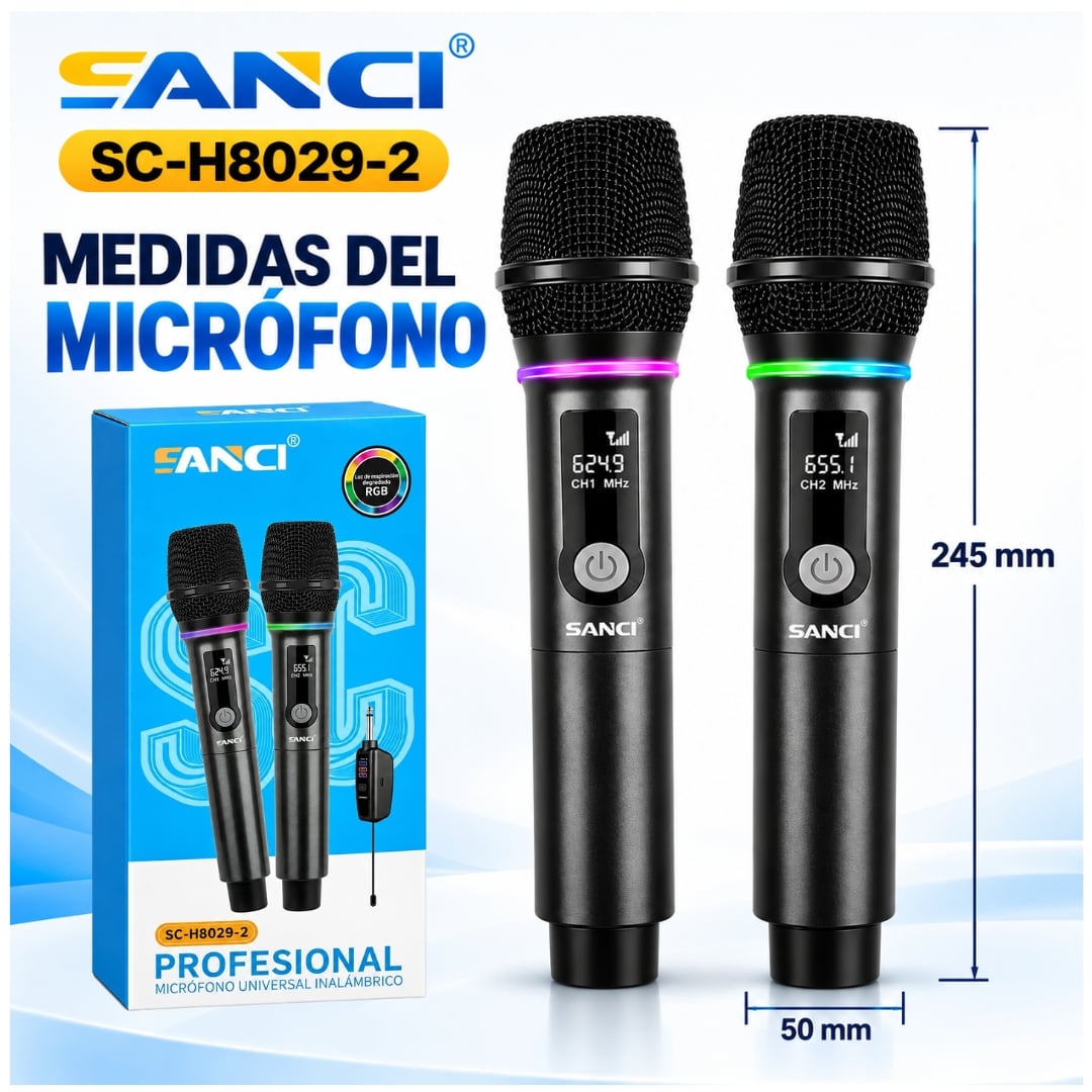 MICROFONO INALAMBRICO RECARGABLE SANCI SC-H8029-2 DUAL UHF PARA KARAOKE, PARLANTES, EVENTOS - 5