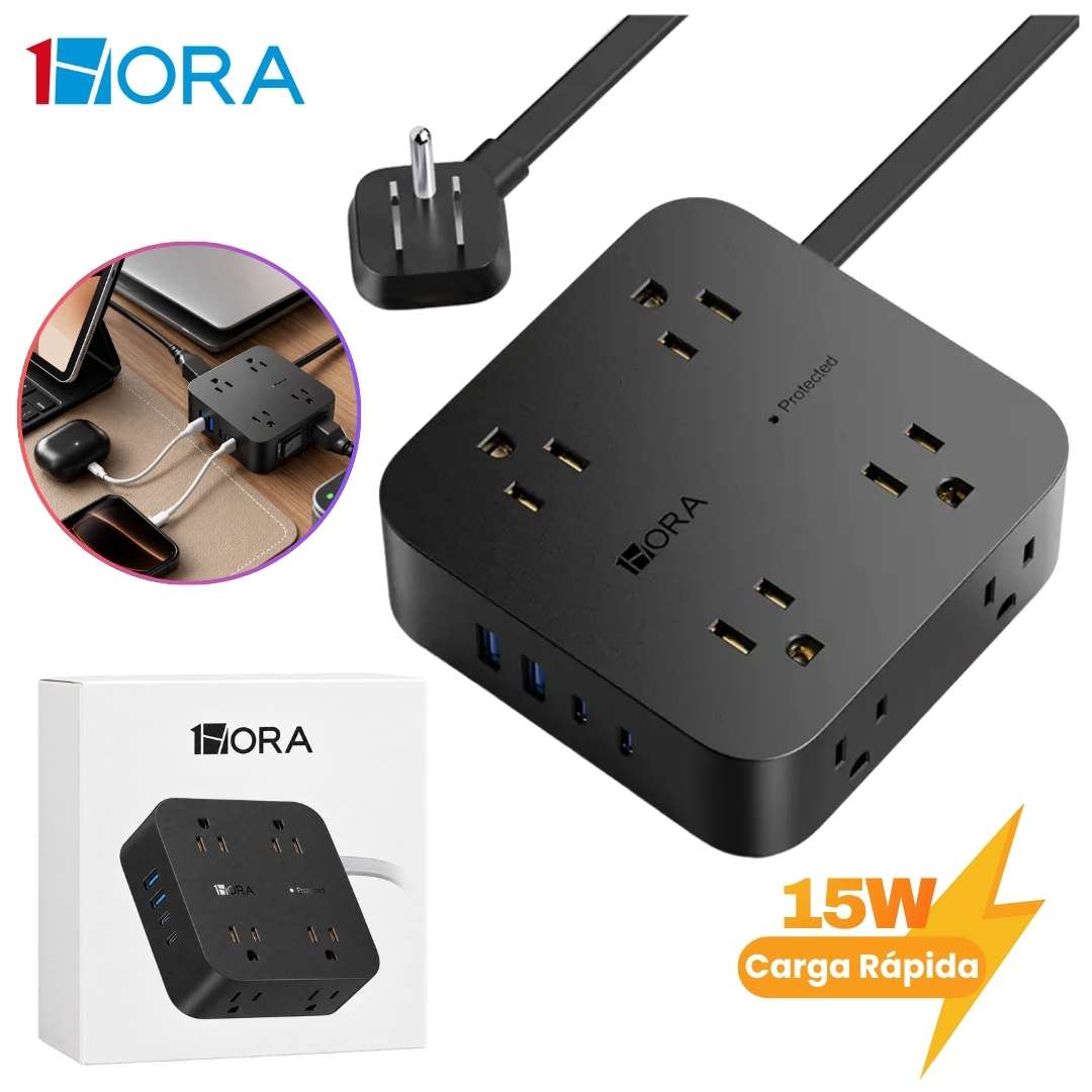 EXTENSIÓN TOMA CORRIENTE 1270W CARGA RÁPIDA 15W TYPE C USB SUPRESOR DE PICOS 8 SALIDAS 1HORA - 1