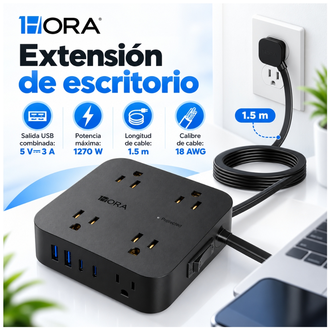 EXTENSIÓN TOMA CORRIENTE 1270W CARGA RÁPIDA 15W TYPE C USB SUPRESOR DE PICOS 8 SALIDAS 1HORA - 3