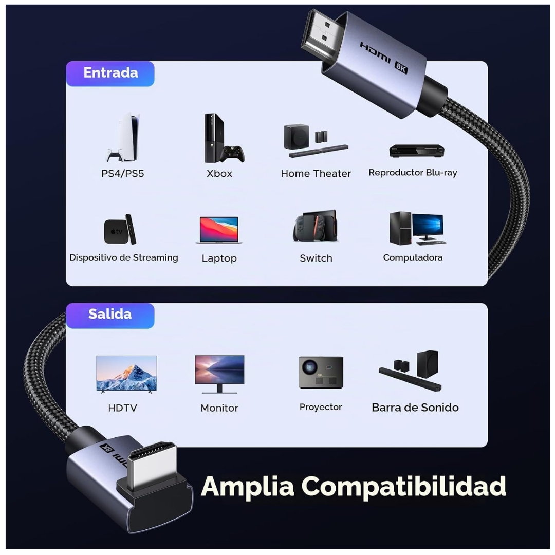 CABLE HDMI 2.1 UGREEN 8K 60HZ 48GBPS 1 METRO ANGULO 90° HD188 - 95826 - 7