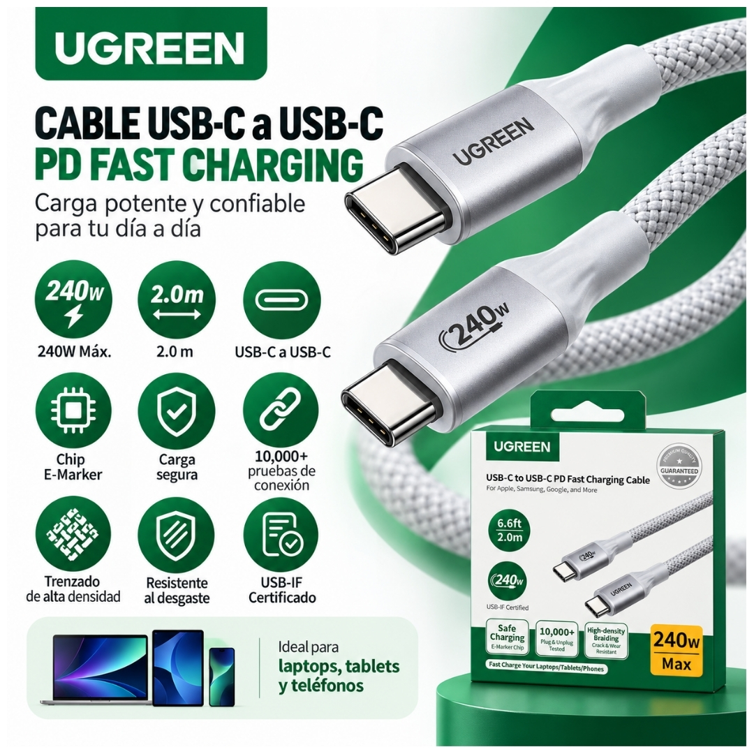 CABLE UGREEN USB-C A USB-C 5A 240W TRENZADO 2 METROS STARLIGHT BLUE L534-75732 - 2