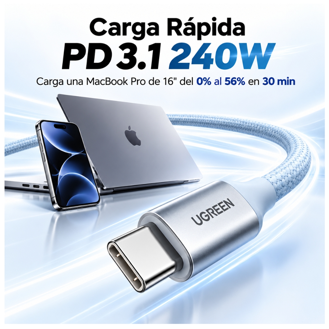CABLE UGREEN USB-C A USB-C 5A 240W TRENZADO 2 METROS STARLIGHT BLUE L534-75732 - 6