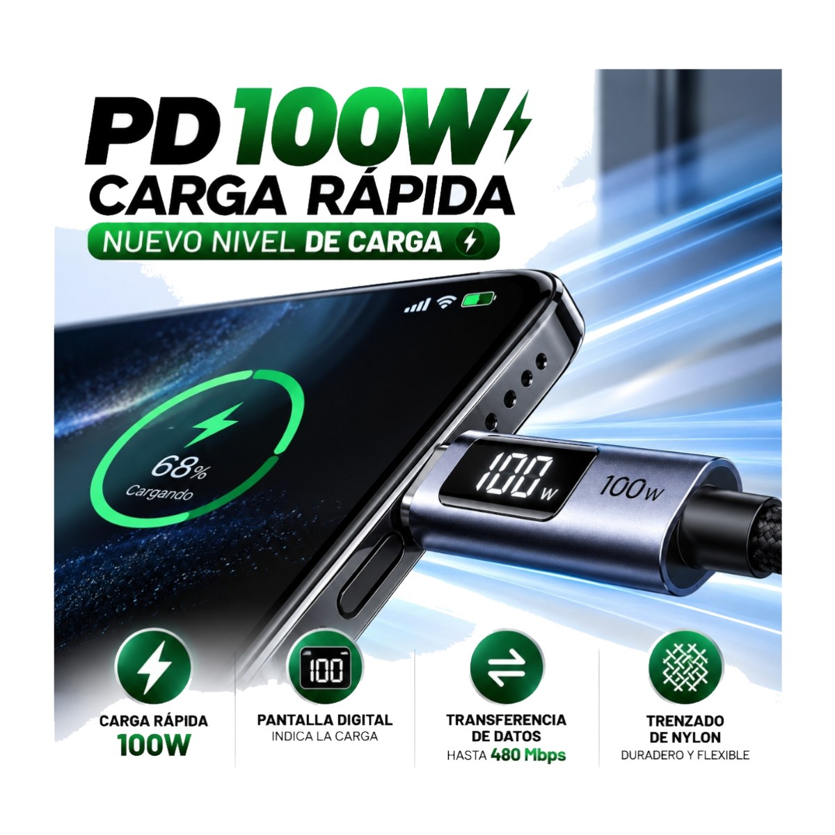 CABLE UGREEN TIPO C 100W CARGA RAPIDA 1 METRO TRANSFERENCIA 480MBPS CON PANTALLA DIGITAL - 4