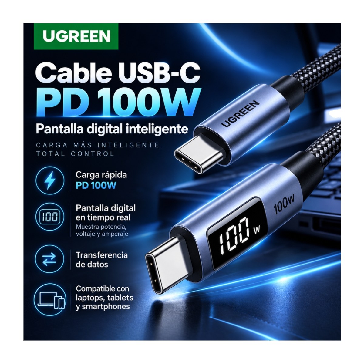 CABLE UGREEN TIPO C 100W CARGA RAPIDA 1 METRO TRANSFERENCIA 480MBPS CON PANTALLA DIGITAL - 5