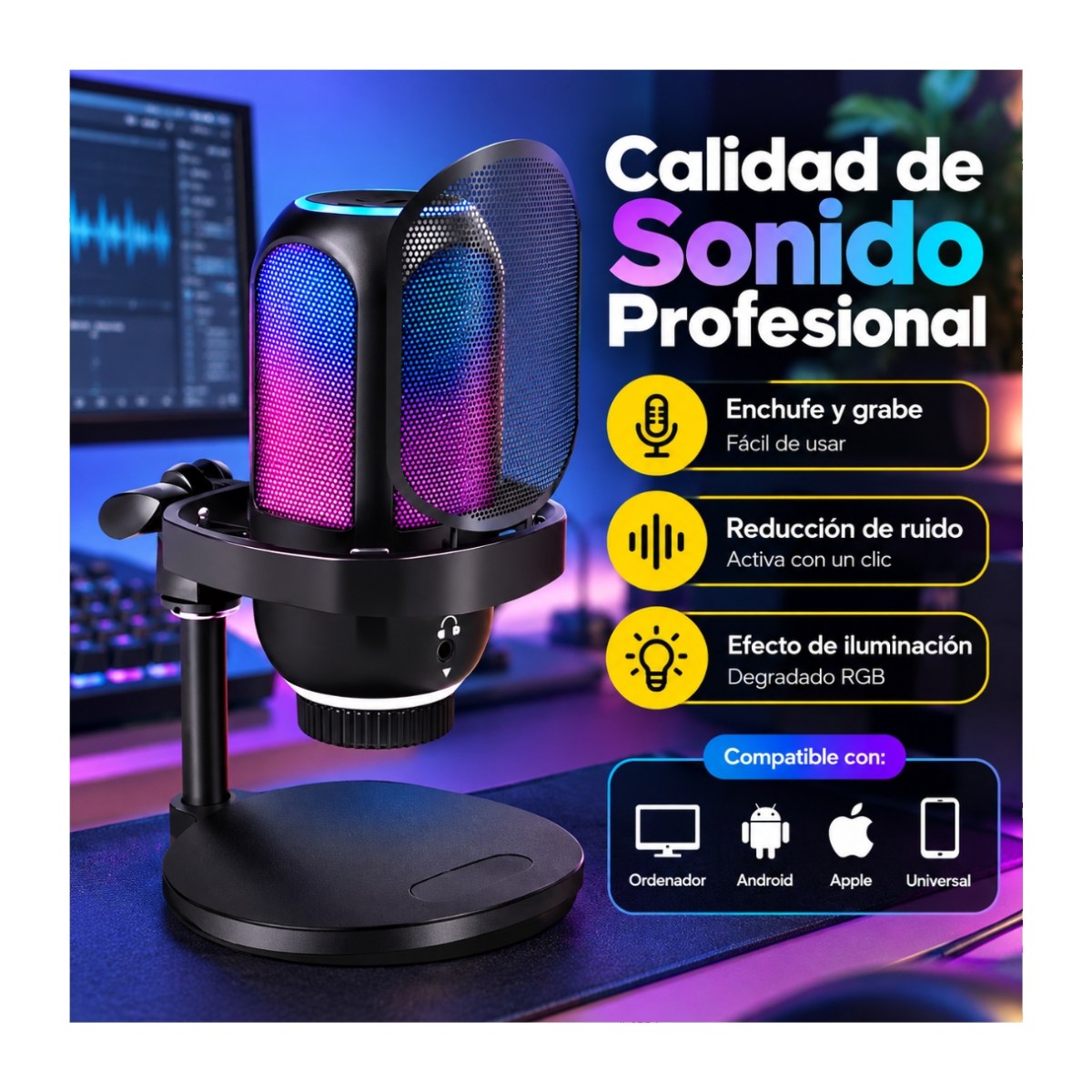 MICRÓFONO CONDENSADOR RGB SONIDO DE ALTA CALIDAD STREAMING GRABACIÓN YX-X9860 AT-D1 - 4