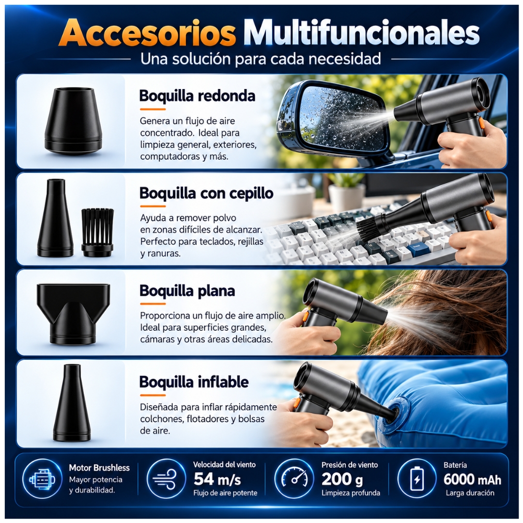 SOPLADOR DE AIRE ASPIRADORA ELÉCTRICO 130000 RPM PARA PC Y AUTO INALAMBRICO RECARGABLE PORTATIL 2 EN 1 - 6