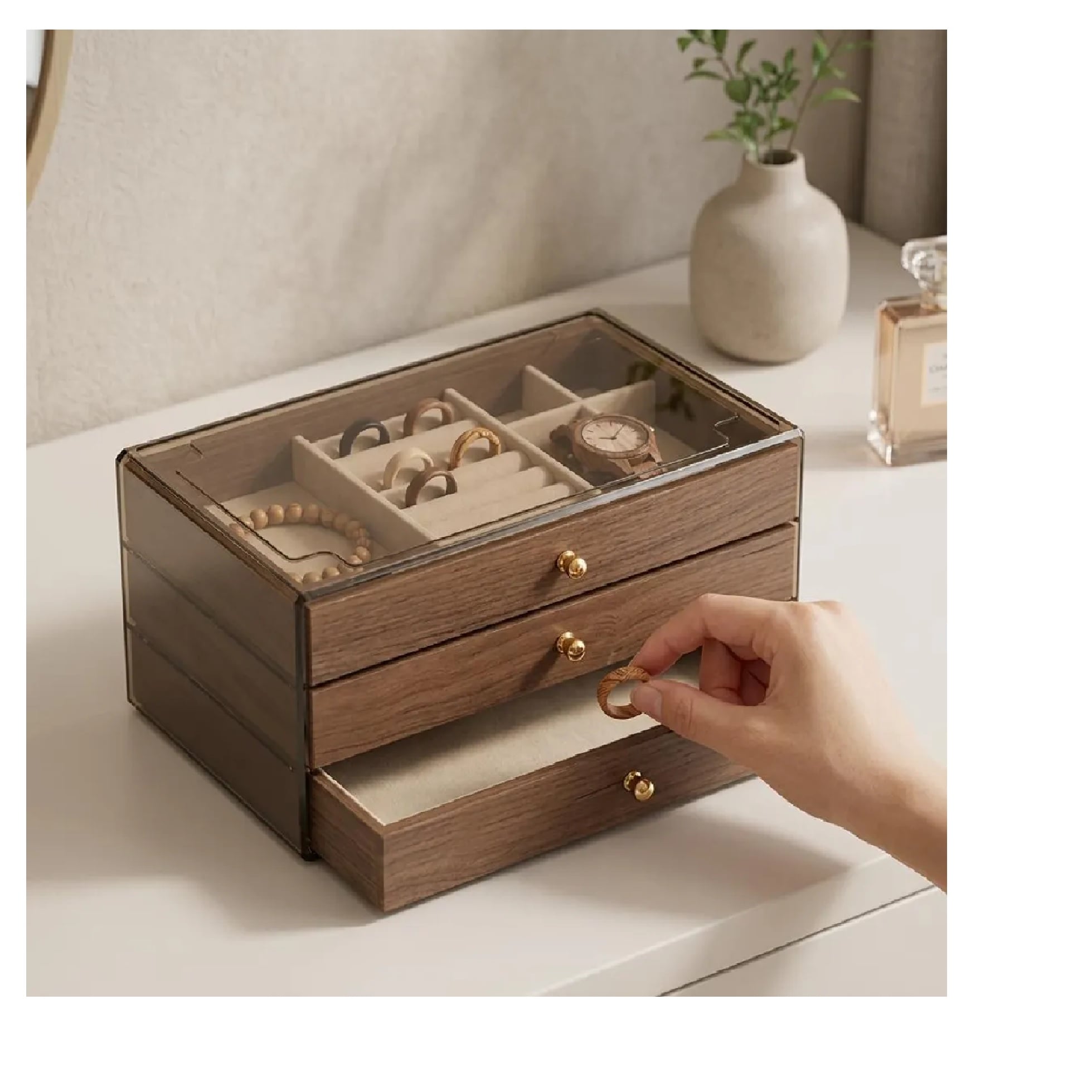 JOYERO ORGANIZADOR DE MADERA CON TAPA DE ACRÍLICO DE 3 NIVELES - 1