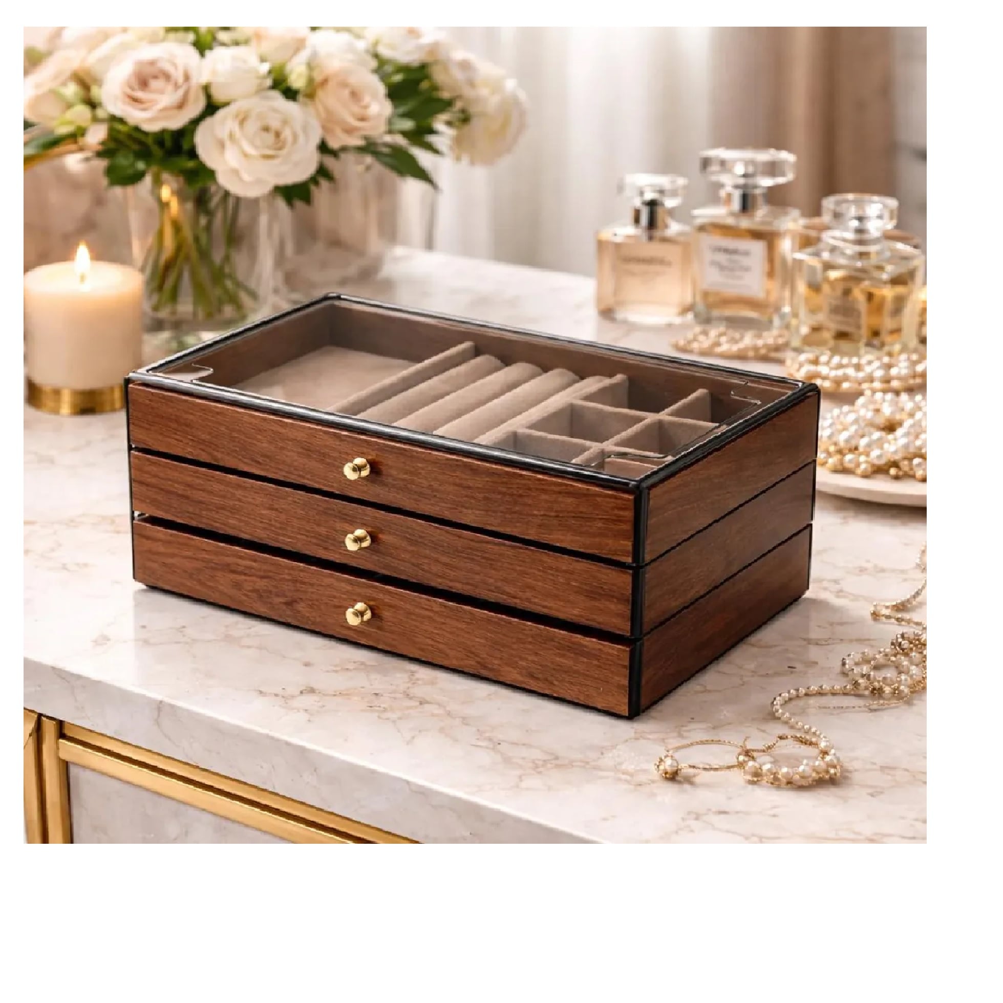 JOYERO ORGANIZADOR DE MADERA CON TAPA DE ACRÍLICO DE 3 NIVELES - 2