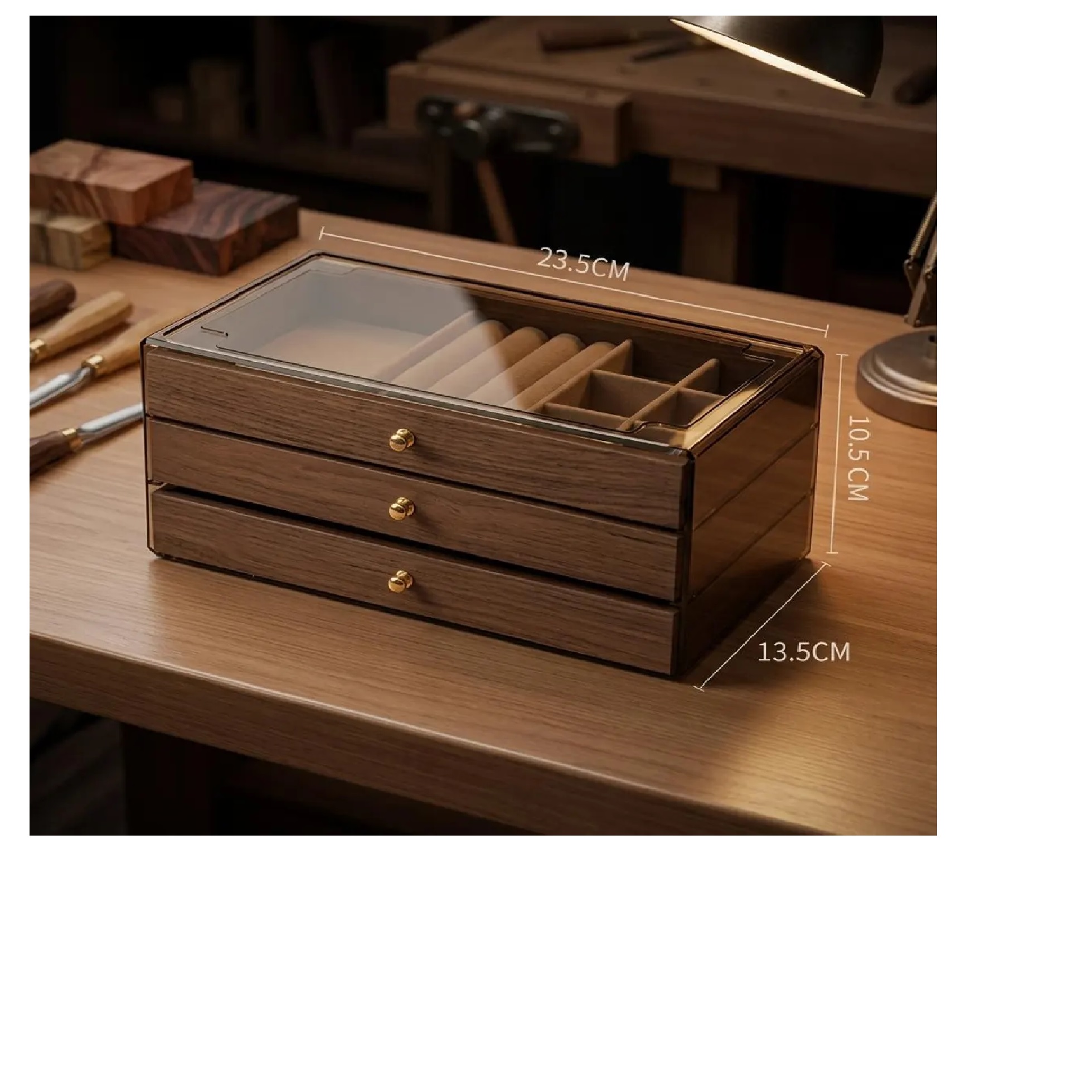 JOYERO ORGANIZADOR DE MADERA CON TAPA DE ACRÍLICO DE 3 NIVELES - 3