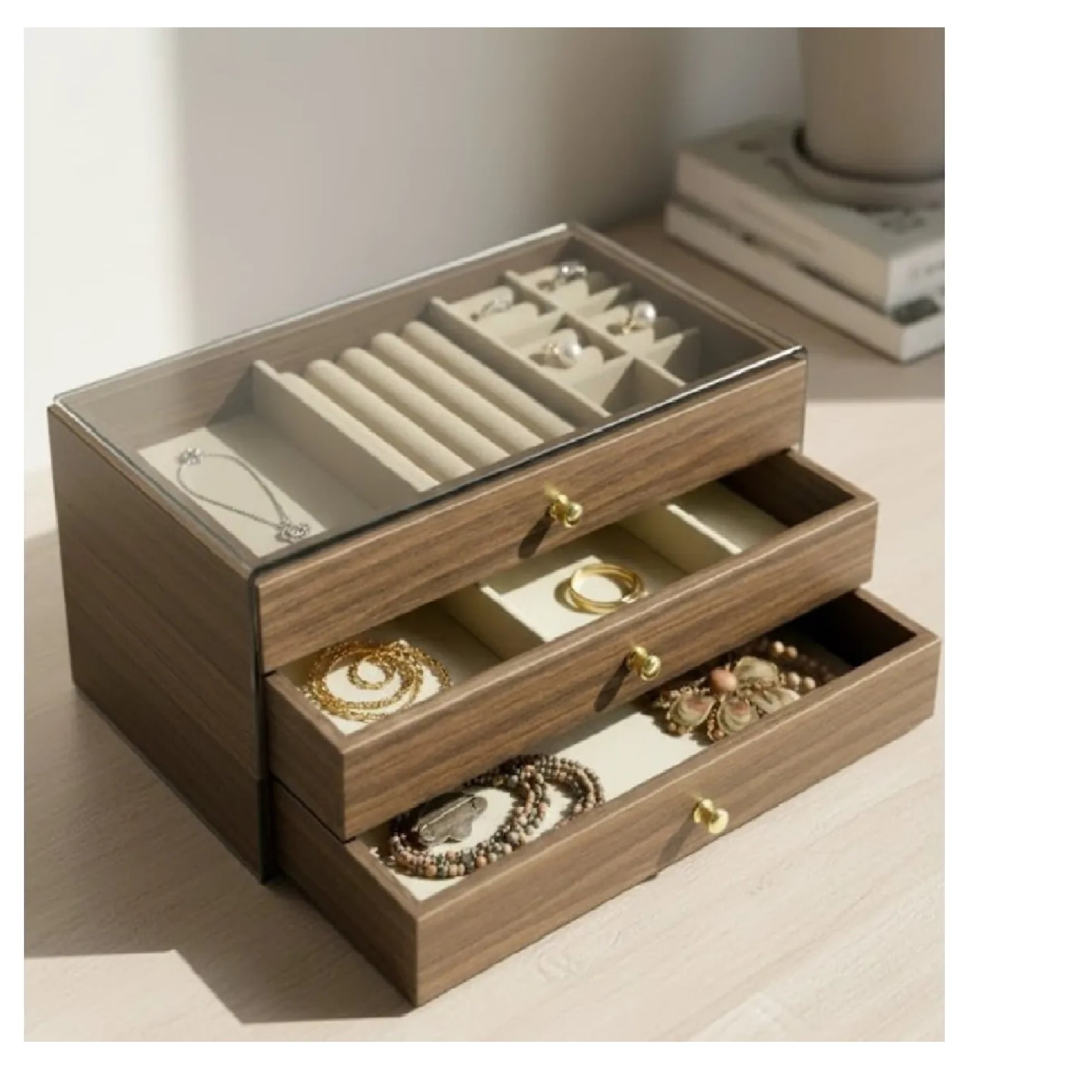 JOYERO ORGANIZADOR DE MADERA CON TAPA DE ACRÍLICO DE 3 NIVELES - 5