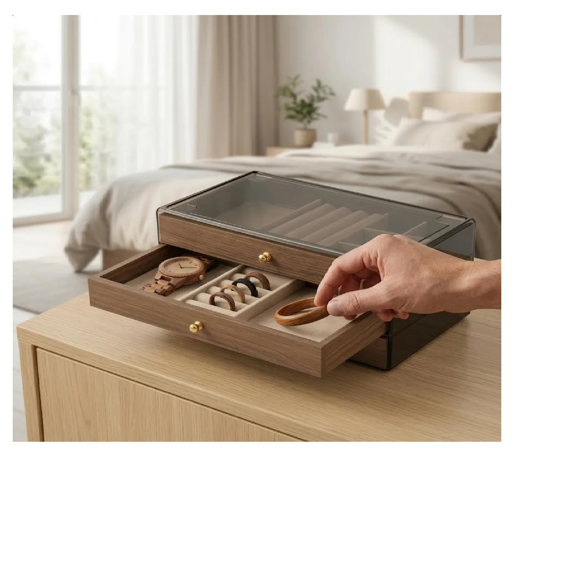 JOYERO ORGANIZADOR DE MADERA CON TAPA DE ACRÍLICO DE 3 NIVELES - 6