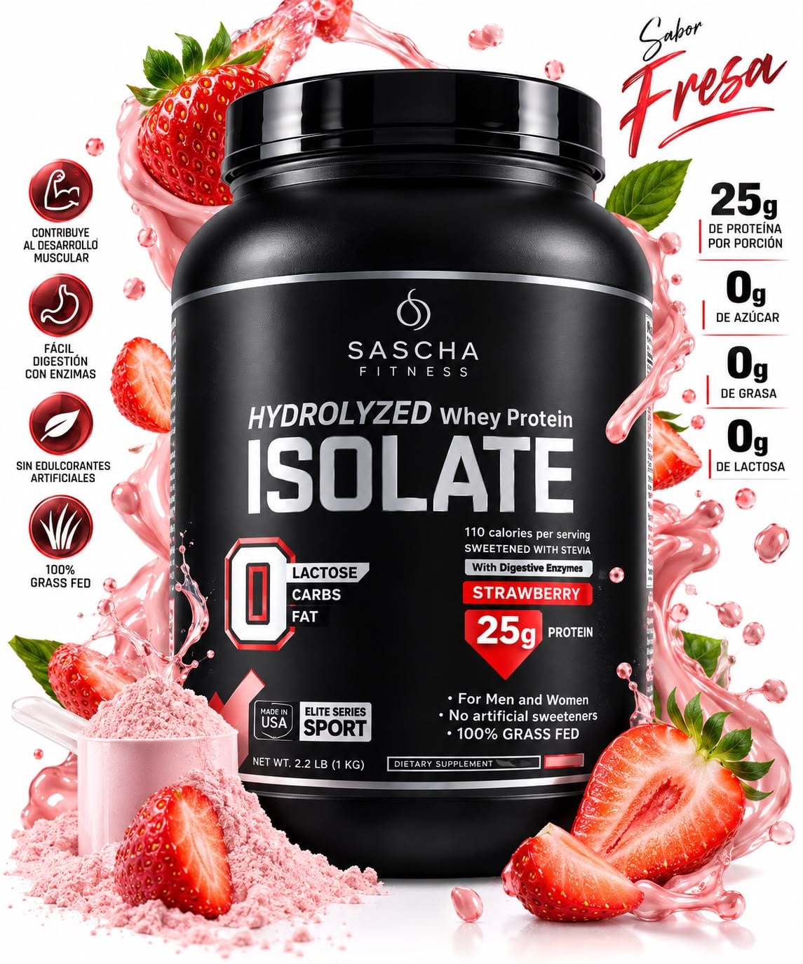 SASCHA FITNESS – HYDROLYZED WHEY PROTEIN ISOLATE STRAWBERRY 1 KG - 3