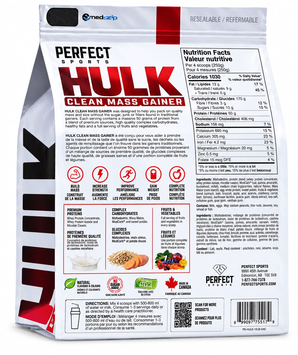 HULK CLEAN MASS GAINER 10 LB PERFECT SPORT, GANADOR DE MASA SABOR CHOCOLATE - 2