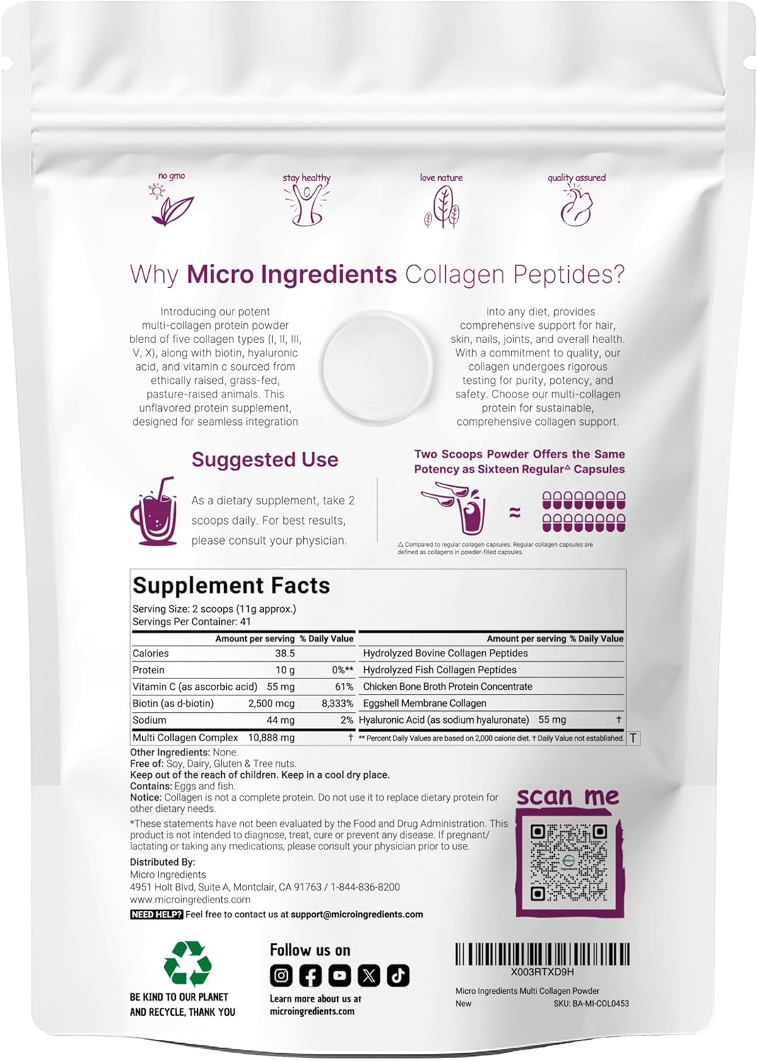 MICRO INGREDIENTS POLVO DE PÉPTIDOS DE COLÁGENO MÚLTIPLE, 1 LIBRA - 2