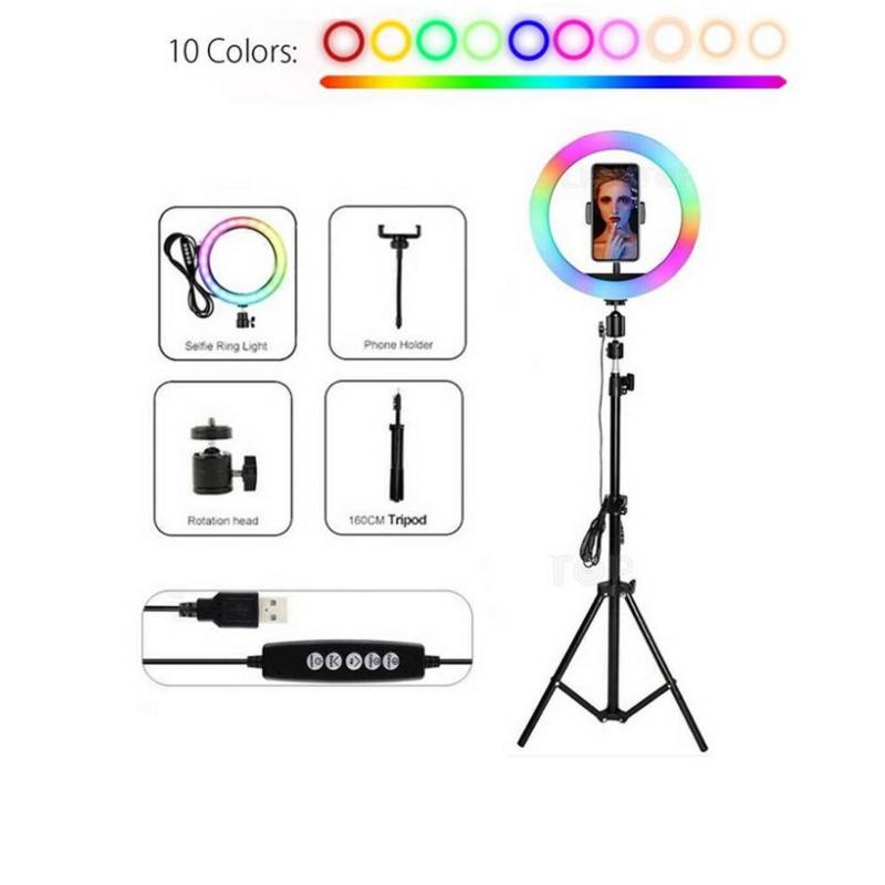 ARO LUZ LED 26 CM RGB COLORES + TRÍPODE 2.10 MT - 2