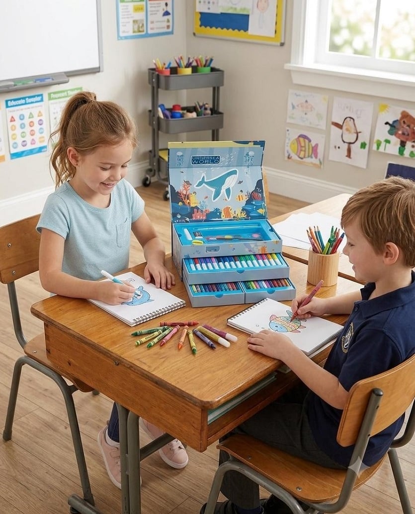SET DE ARTE MUNDO MARINO PLUMONES + CRAYOLAS + ACUARELAS DE 56 PCS AZUL - 1