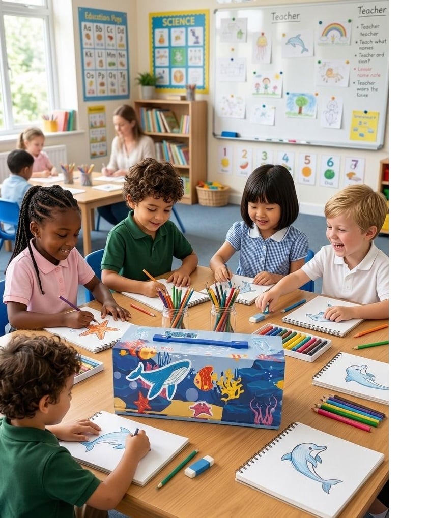SET DE ARTE MUNDO MARINO PLUMONES + CRAYOLAS + ACUARELAS DE 56 PCS AZUL - 2
